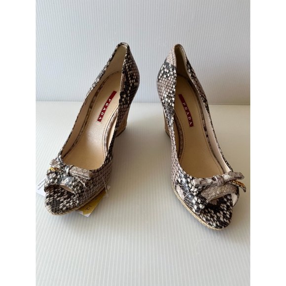 Prada Brown Leather Snakeskin Cork Wedges W/ Bows, Size 6.5 (US) 36.5 (EU) New! - Picture 2 of 11